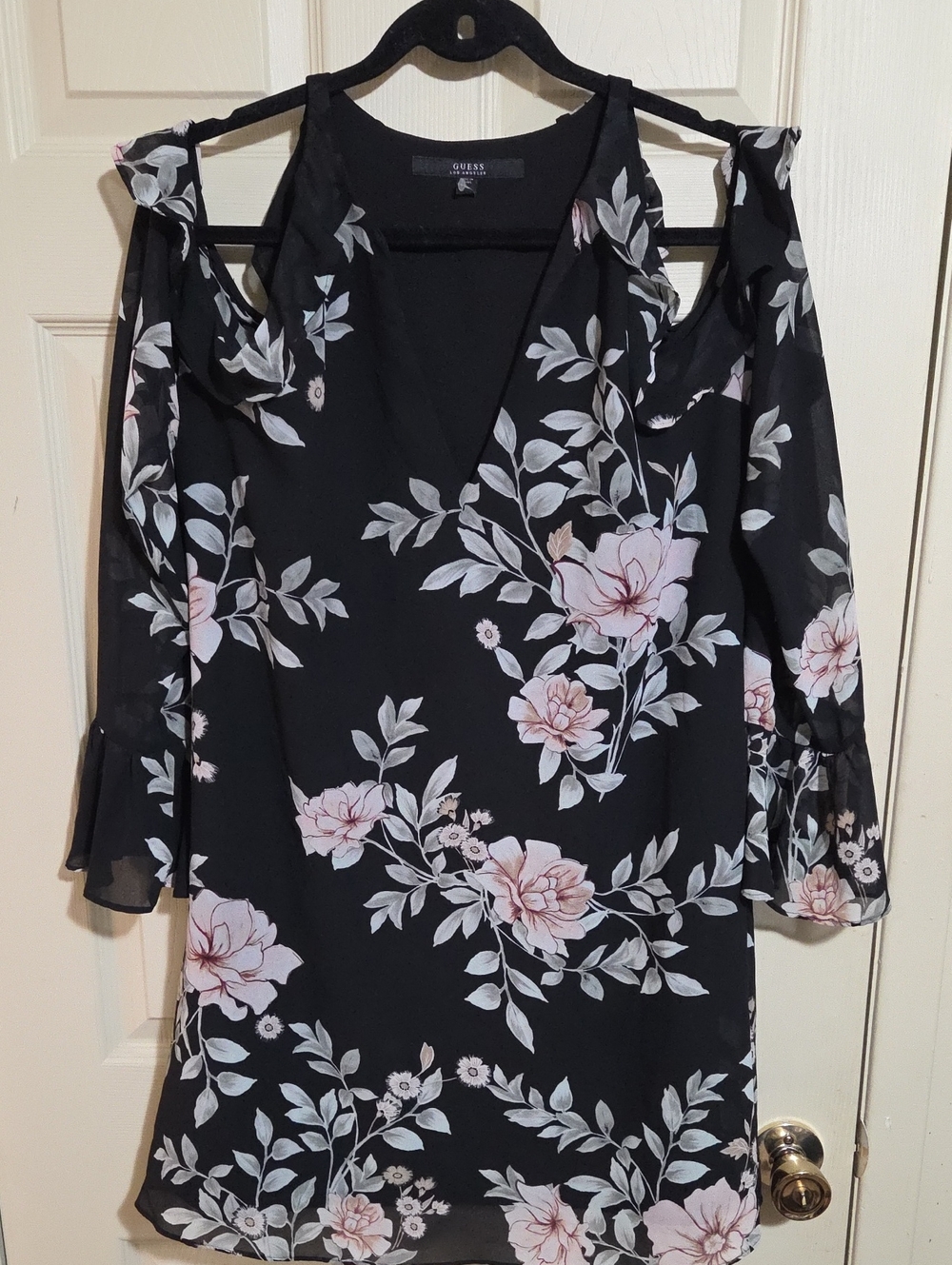 Guess Black Floral Cold-Shoulder Long-Sleeve Dress